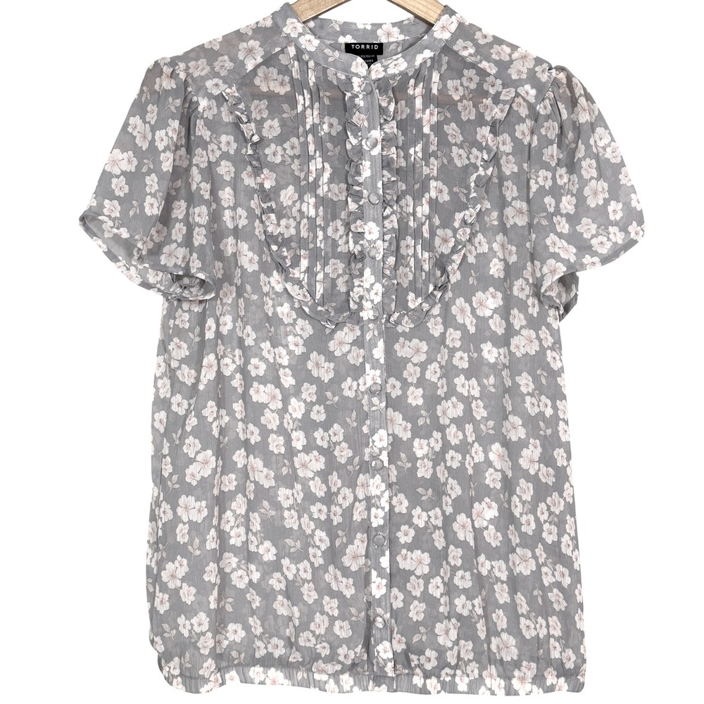 Torrid Dusty Blue Floral Ruffle Pintuck Button Front Blouse Plus Size 00 Large